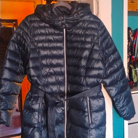 emerald green cole haan long belted puffer coat women's size xl - Picture 3 of 5